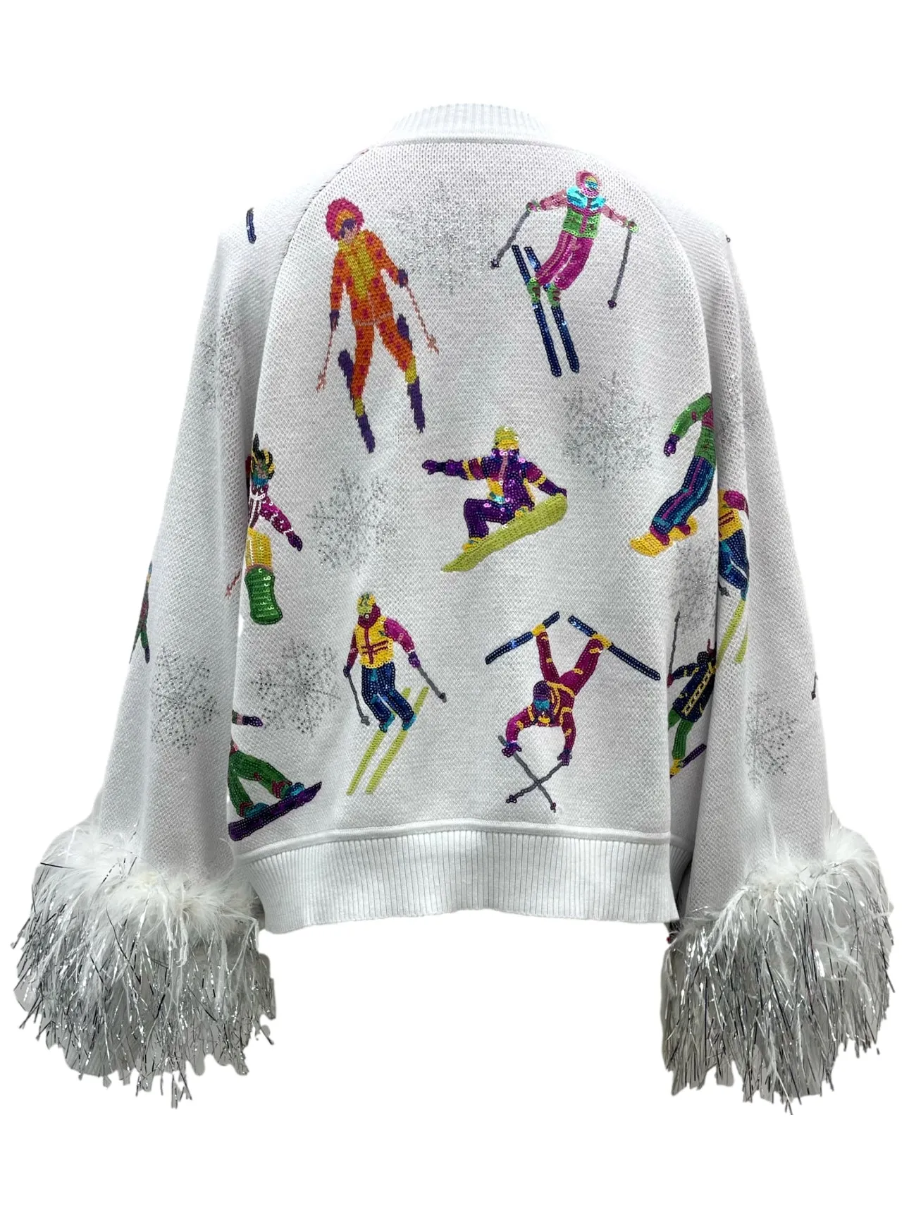 Queen Of Sparkles White Skiers & Snowflakes Feather Sleeve Cardigan