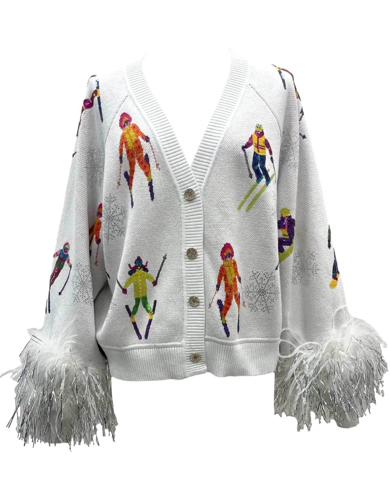 Queen Of Sparkles White Skiers & Snowflakes Feather Sleeve Cardigan