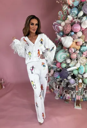 Queen Of Sparkles White Skiers & Snowflakes Feather Sleeve Cardigan