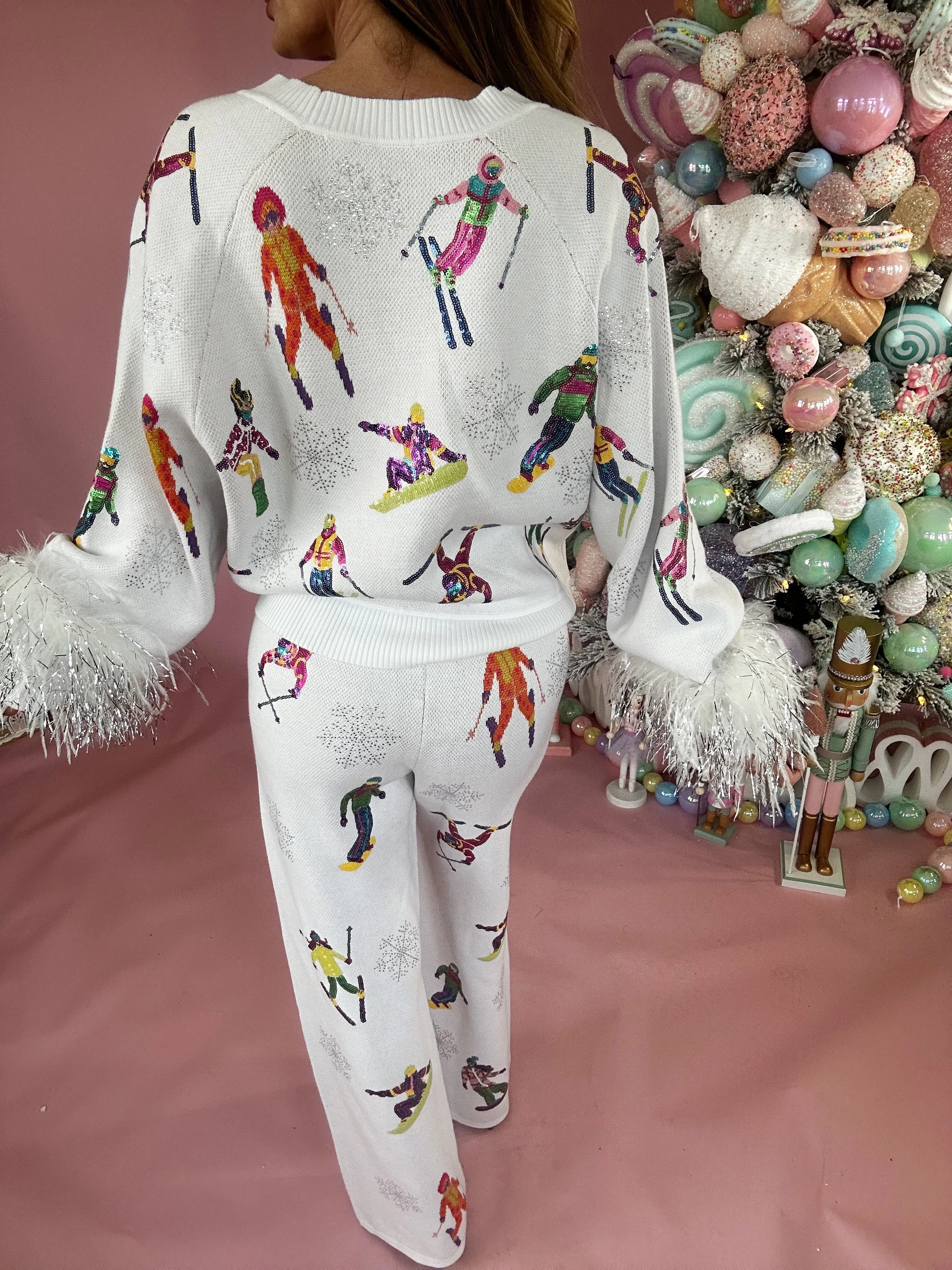 Queen Of Sparkles White Skiers & Snowflakes Feather Sleeve Cardigan