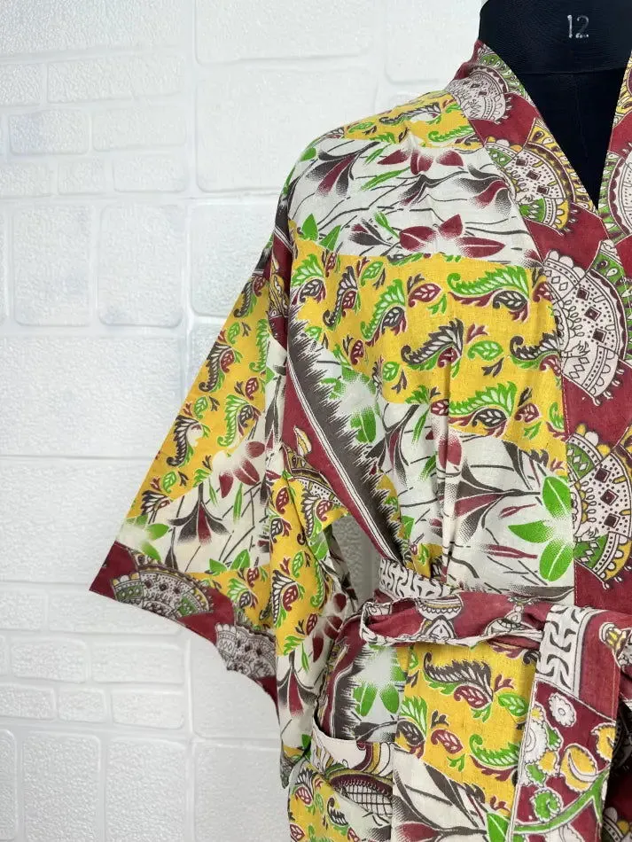 Recycled Pure Cotton Vintage Kimono Open Jacket Boho Summer TieDye House Robe, Beach Coverup | White Yellow Floral Style Print