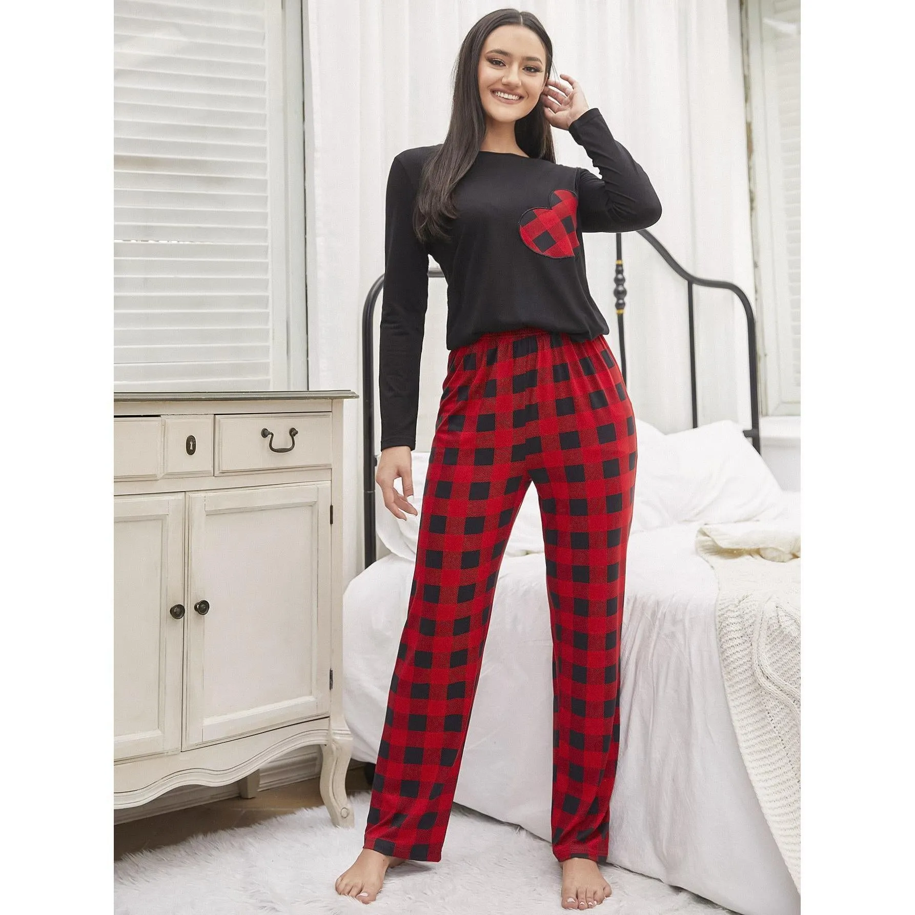 Red Plaid Long-Sleeve Sleepwear Suit