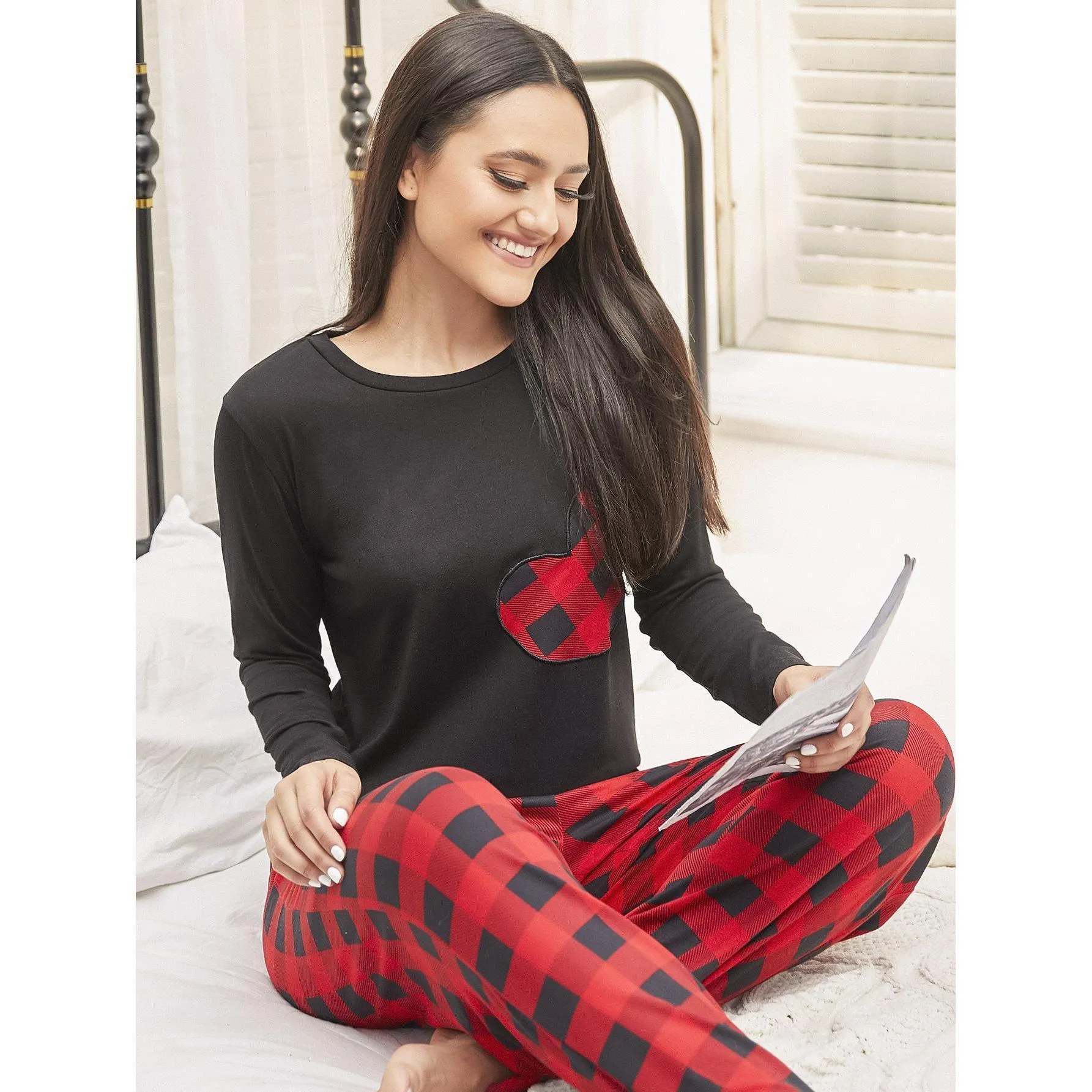 Red Plaid Long-Sleeve Sleepwear Suit