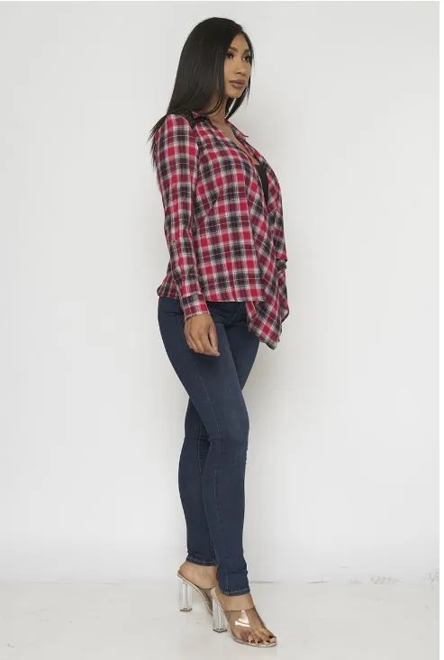 Red Plaid Open Front Cardigan