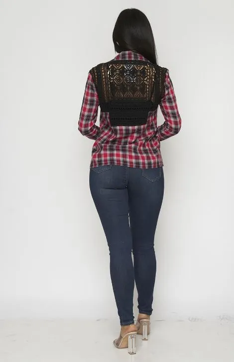 Red Plaid Open Front Cardigan
