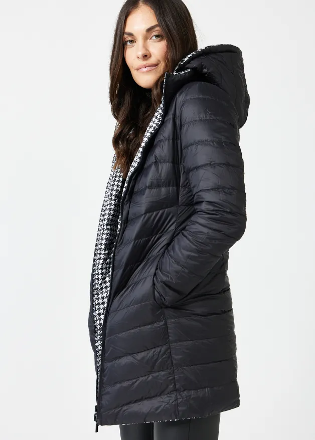 Reversible Black Houndstooth Duck Down Puffer Coat