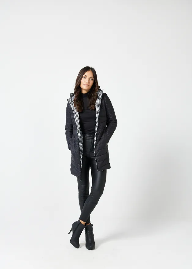 Reversible Black Houndstooth Duck Down Puffer Coat