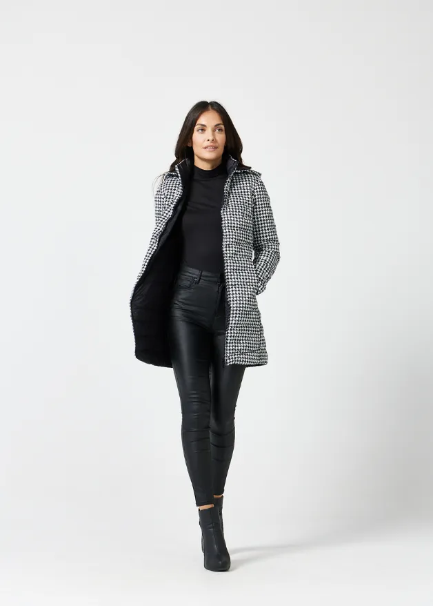 Reversible Black Houndstooth Duck Down Puffer Coat
