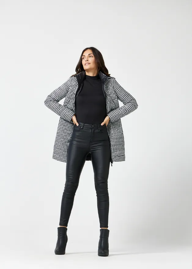 Reversible Black Houndstooth Duck Down Puffer Coat