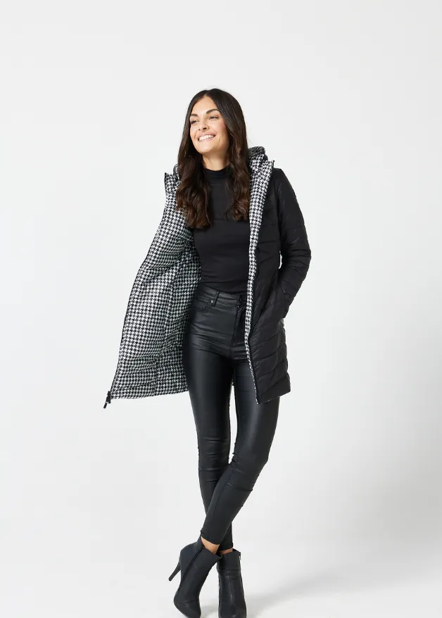 Reversible Black Houndstooth Duck Down Puffer Coat