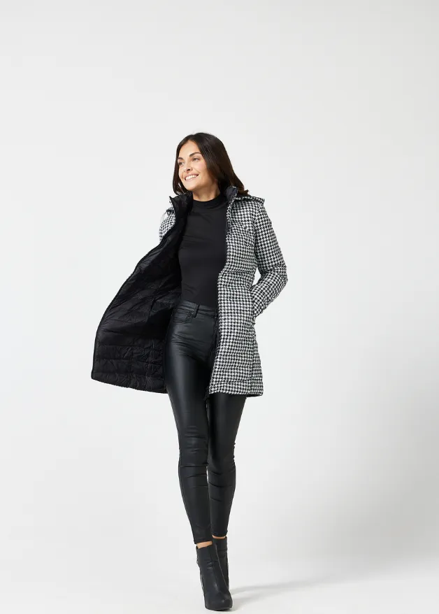 Reversible Black Houndstooth Duck Down Puffer Coat