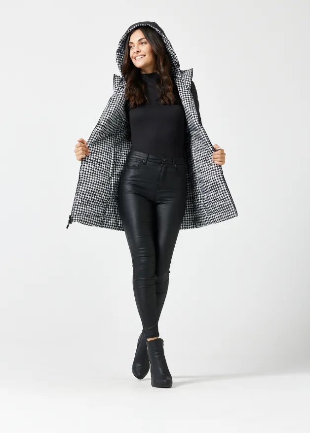 Reversible Black Houndstooth Duck Down Puffer Coat