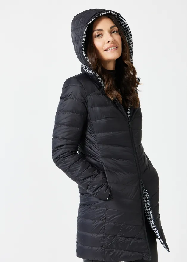 Reversible Black Houndstooth Duck Down Puffer Coat