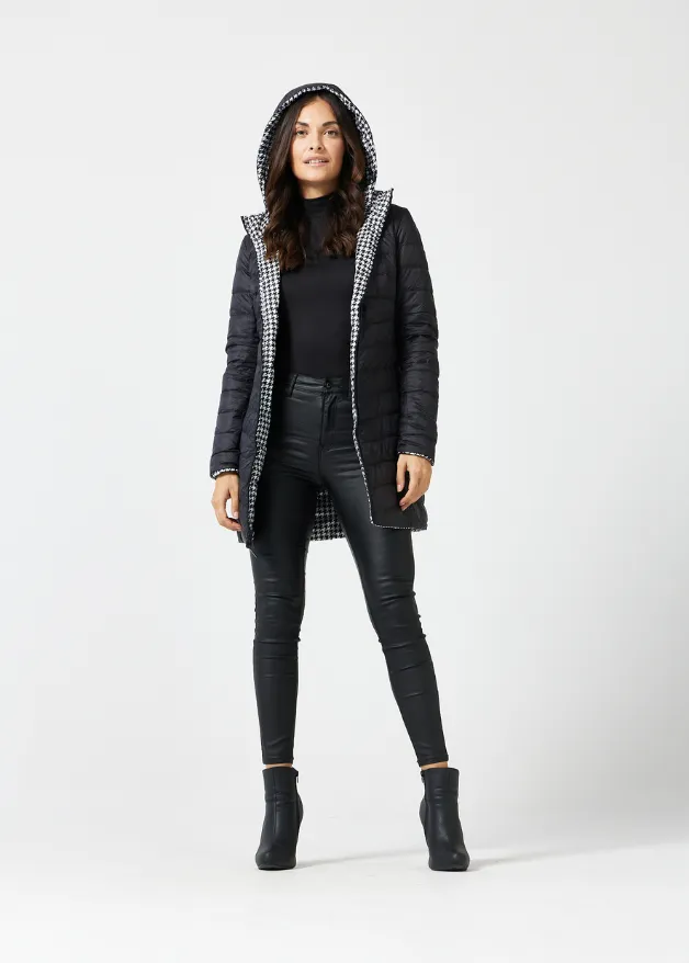 Reversible Black Houndstooth Duck Down Puffer Coat