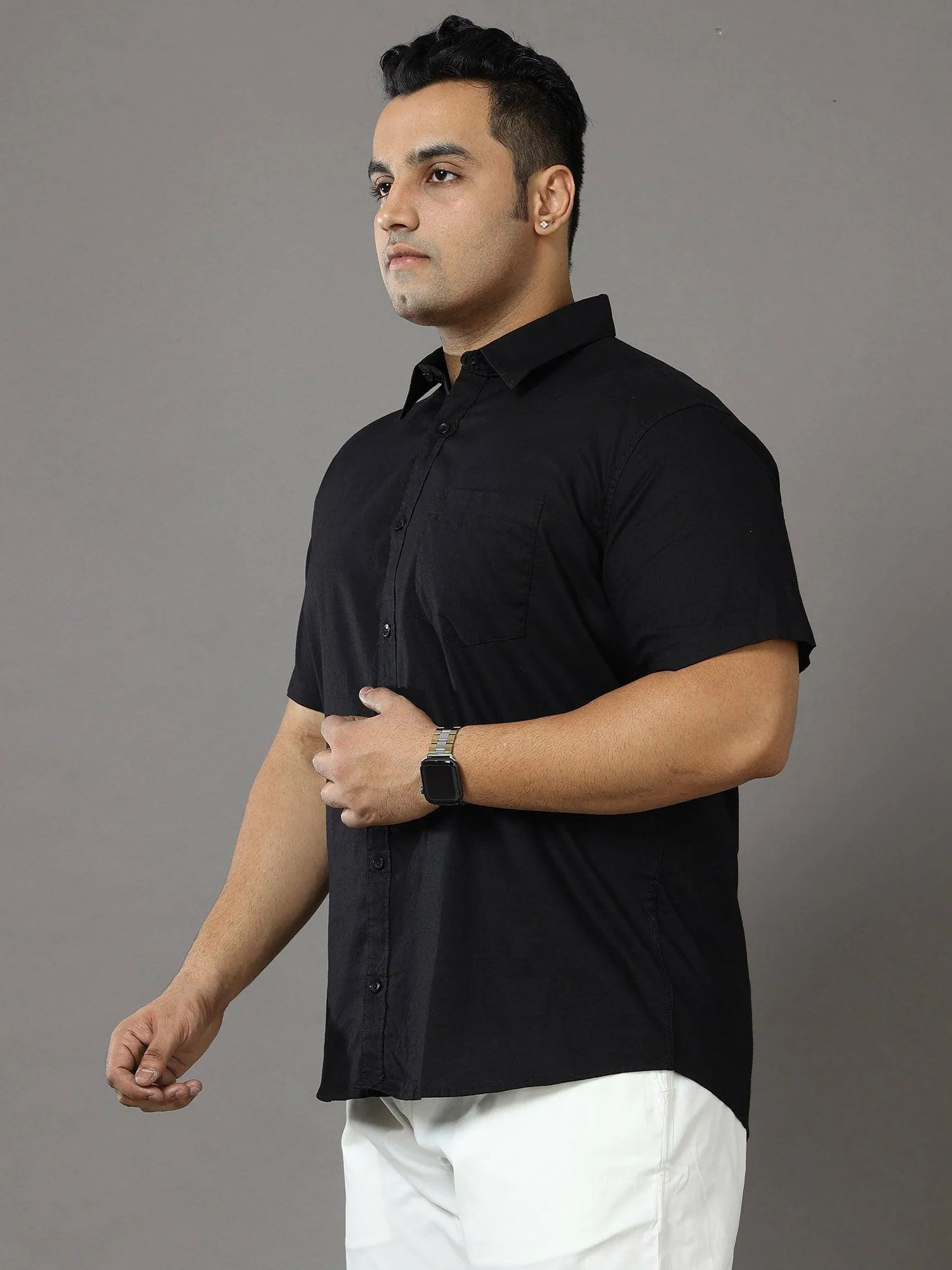 Rich Black Solid Half Sleeve Shirt Men's Plus Size