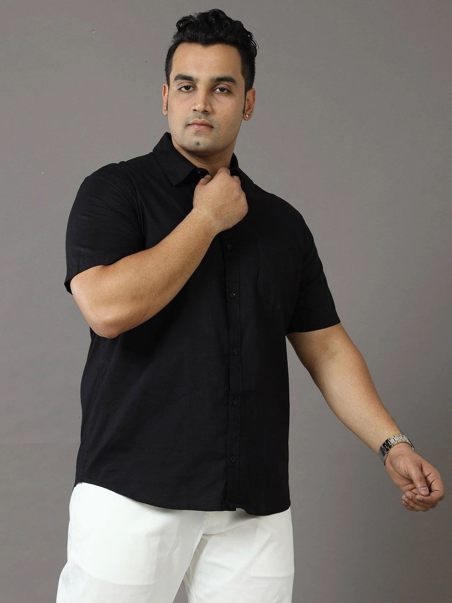 Rich Black Solid Half Sleeve Shirt Men's Plus Size