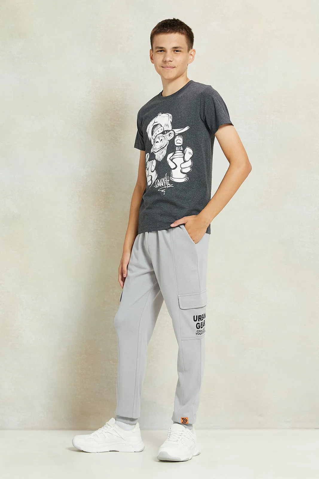 Senior Boys Grey Printed Cargo Active Pants