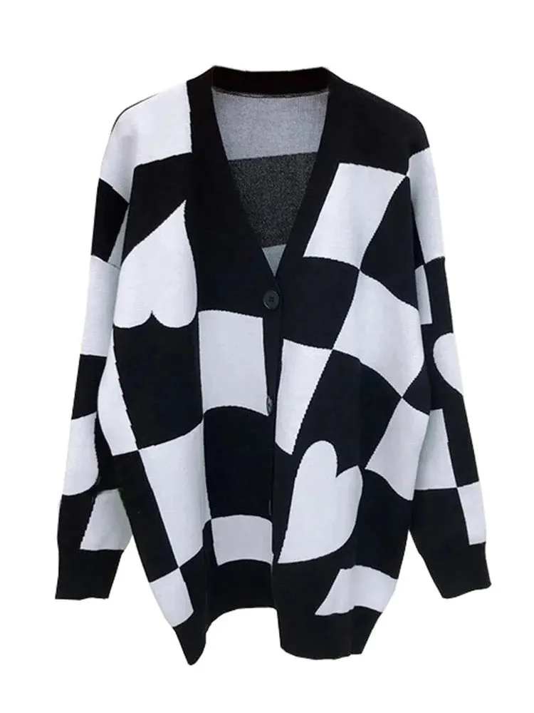 Soliaten V-neck Plaid Checkerboard Oversized Cardigan Women Autumn Winter Single Breasted Ladies Long Sweter Jumper  C-174