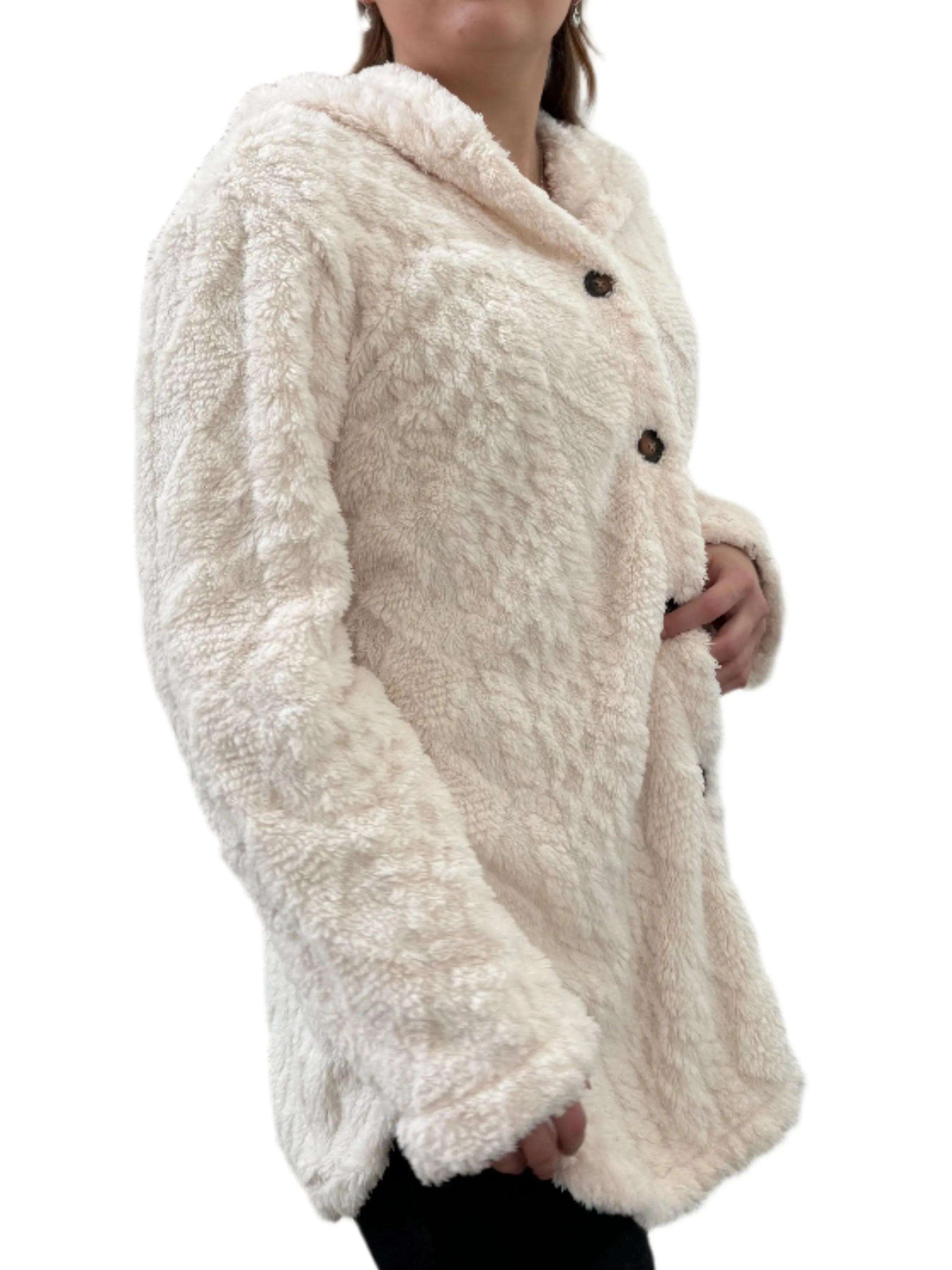 Solid Button Up Hooded Teddy Coat, Elegant Long Sleeve Split Side Faux Fur Outwear Jacket,Women's Clothing, Teddy  Winter and Spring Jackets Womenswear Comfort, Cozy Plush Fuzzy Sherpa Faux Shearling Coat