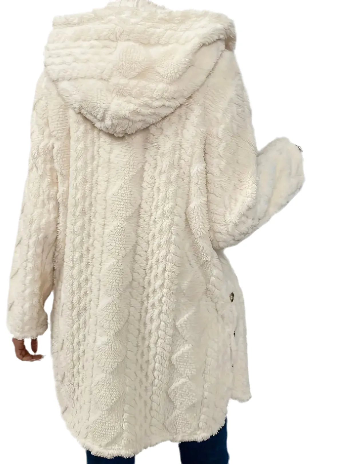 Solid Button Up Hooded Teddy Coat, Elegant Long Sleeve Split Side Faux Fur Outwear Jacket,Women's Clothing, Teddy  Winter and Spring Jackets Womenswear Comfort, Cozy Plush Fuzzy Sherpa Faux Shearling Coat