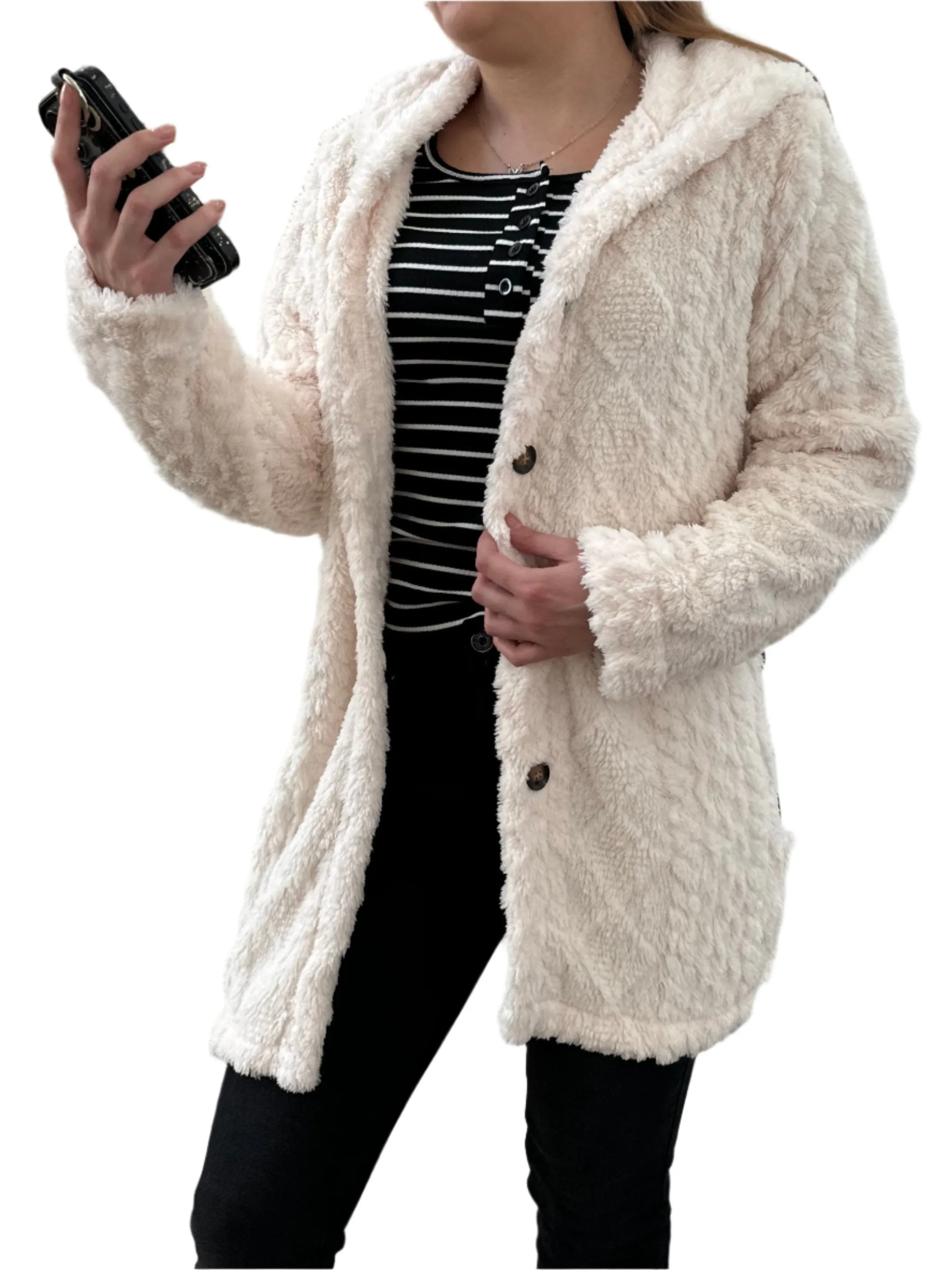 Solid Button Up Hooded Teddy Coat, Elegant Long Sleeve Split Side Faux Fur Outwear Jacket,Women's Clothing, Teddy  Winter and Spring Jackets Womenswear Comfort, Cozy Plush Fuzzy Sherpa Faux Shearling Coat
