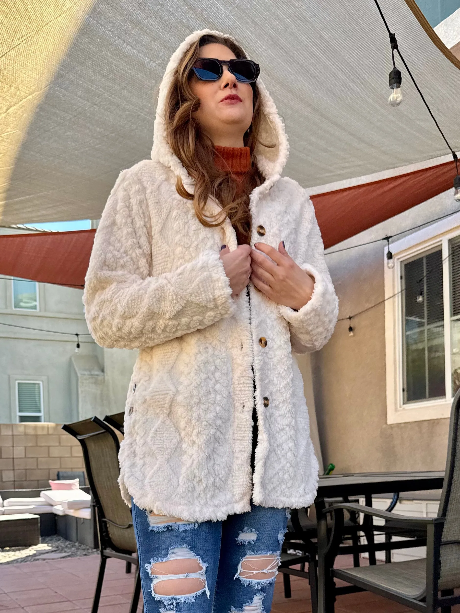Solid Button Up Hooded Teddy Coat, Elegant Long Sleeve Split Side Faux Fur Outwear Jacket,Women's Clothing, Teddy  Winter and Spring Jackets Womenswear Comfort, Cozy Plush Fuzzy Sherpa Faux Shearling Coat