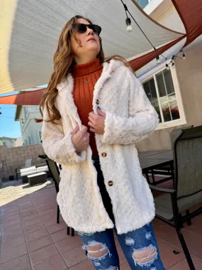 Solid Button Up Hooded Teddy Coat, Elegant Long Sleeve Split Side Faux Fur Outwear Jacket,Women's Clothing, Teddy  Winter and Spring Jackets Womenswear Comfort, Cozy Plush Fuzzy Sherpa Faux Shearling Coat
