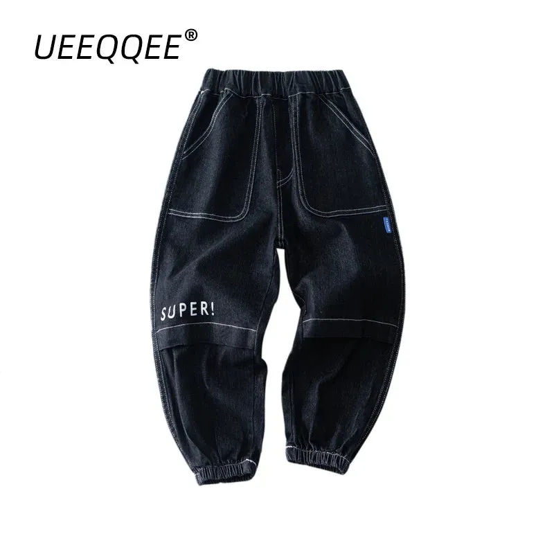 Spring Autumn Children Jeans 4-8Y Boys Cotton Letter Splice Stretch Denim Pants Loose Korean Trousers Kids Wear Clothes 2024 New