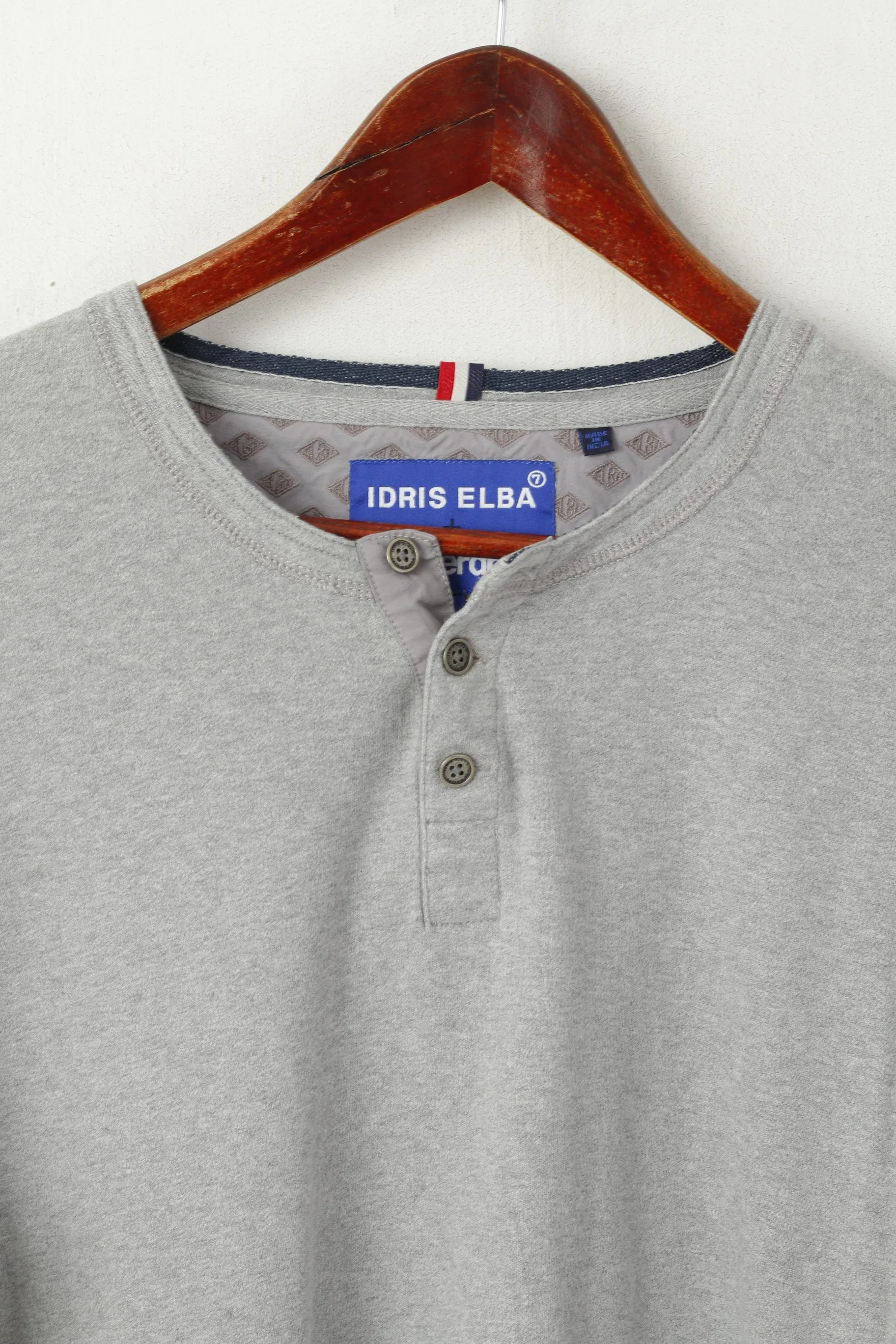 Superdry Men 2XL Long Sleeved Shirt Grey Cotton Idris Elba Henley Stretch Top