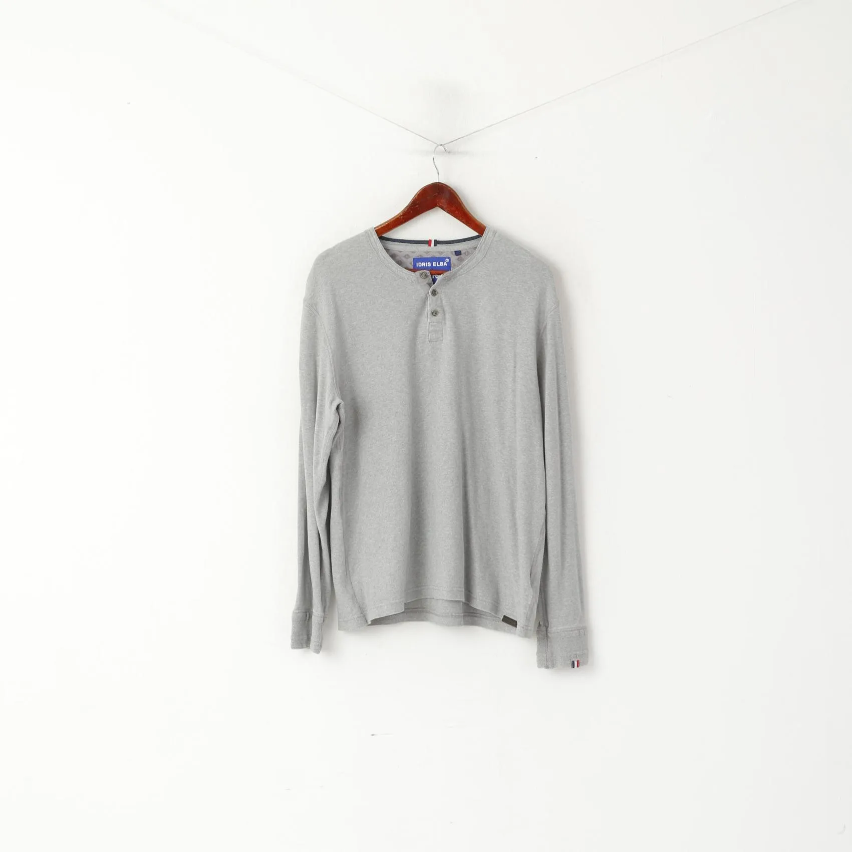 Superdry Men 2XL Long Sleeved Shirt Grey Cotton Idris Elba Henley Stretch Top