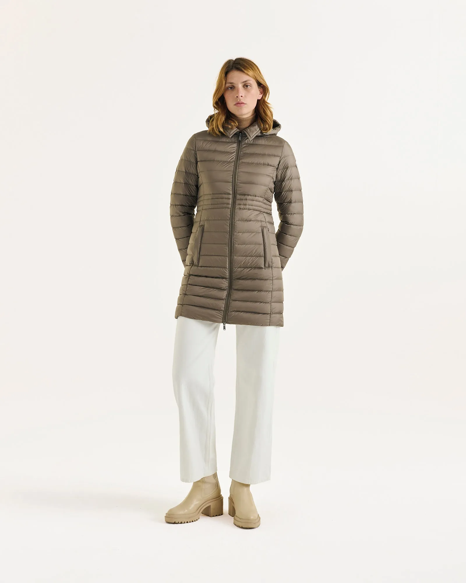 Taupe Vero long hooded puffer jacket