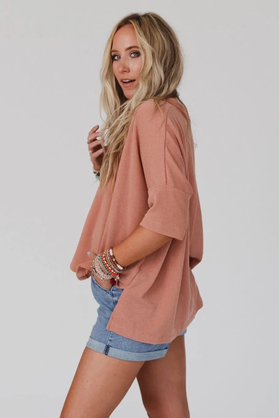 The Nest On The Go V Neck Ribbed Essential Tee - Sepia