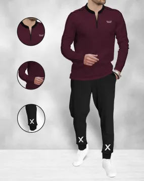 Tracksuit FULL SLEEVE Henley Neck MAROON Tshirt & BLACK Jogger