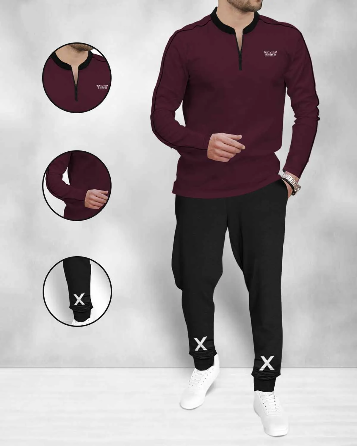 Tracksuit FULL SLEEVE Henley Neck MAROON Tshirt & BLACK Jogger