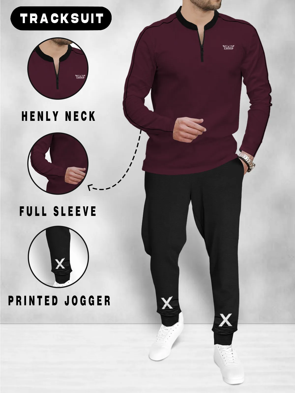 Tracksuit FULL SLEEVE Henley Neck MAROON Tshirt & BLACK Jogger