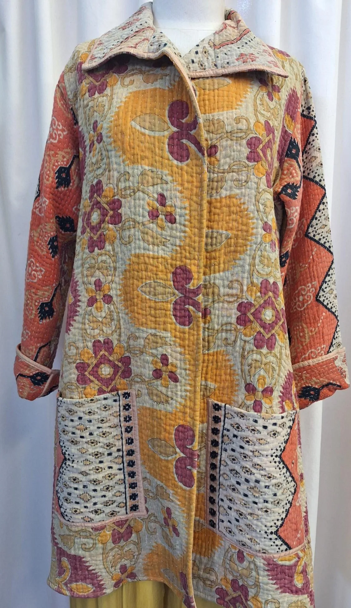 Unique Reversible Coat made from Vintage Cotton – Orange/Yellow - A