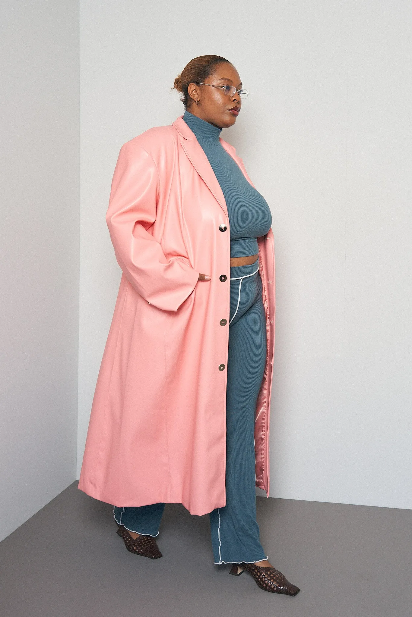 Unisex Peach Faux Plant Leather Long Coat