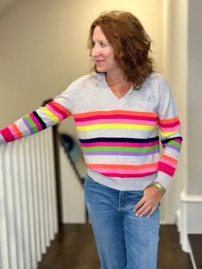 Vilagallo - Grey V Neck Pullover Striped Sweater
