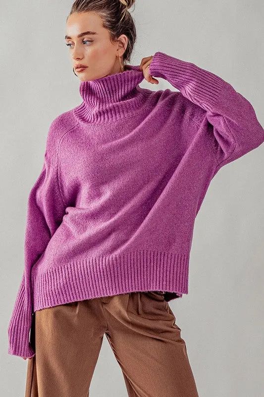 Vintage Plum High Turtle Neck Drop Shoulder Knit Top