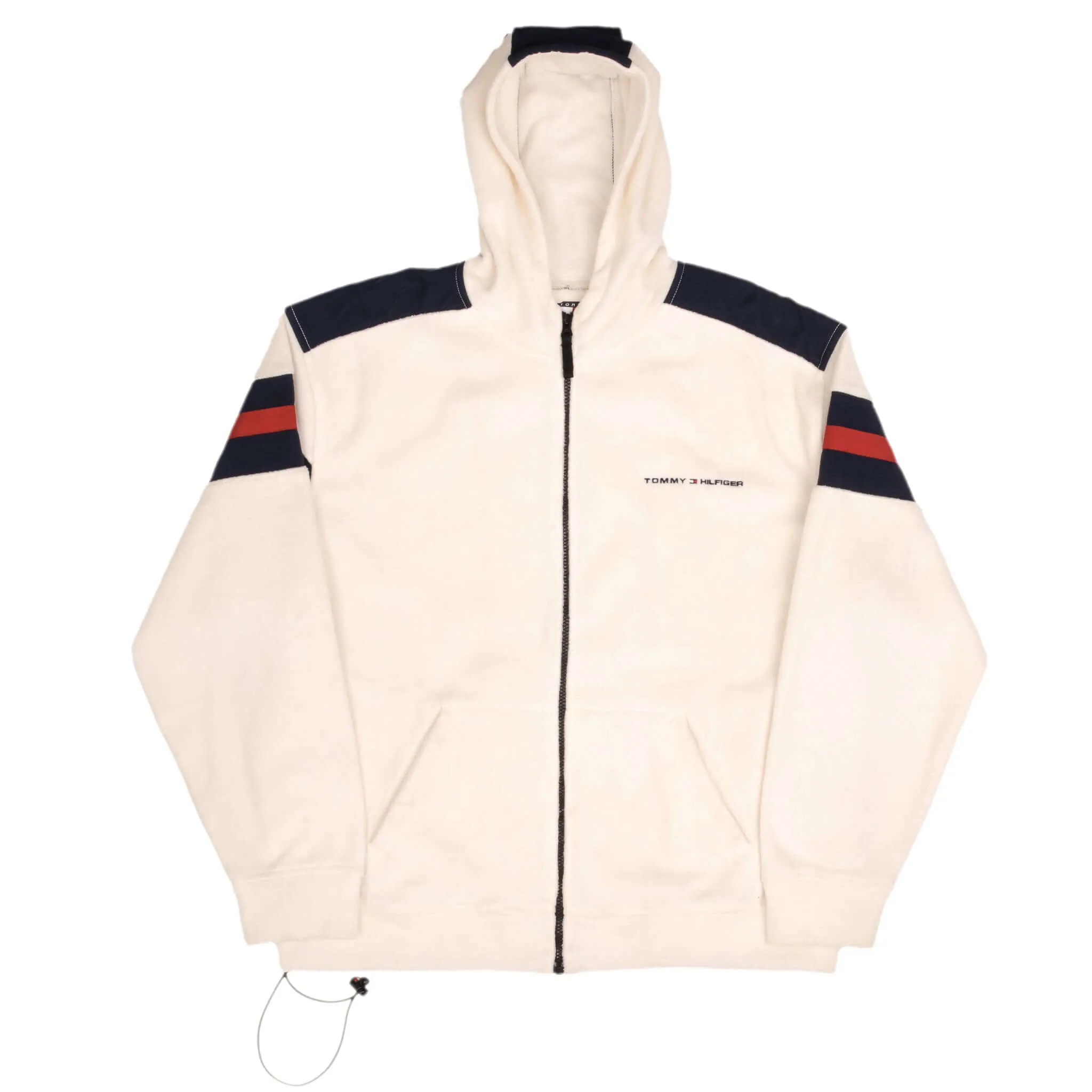 VINTAGE TOMMY HILFIGER BEIGE CREME FLEECE HOODED JACKET 1990S SIZE LARGE