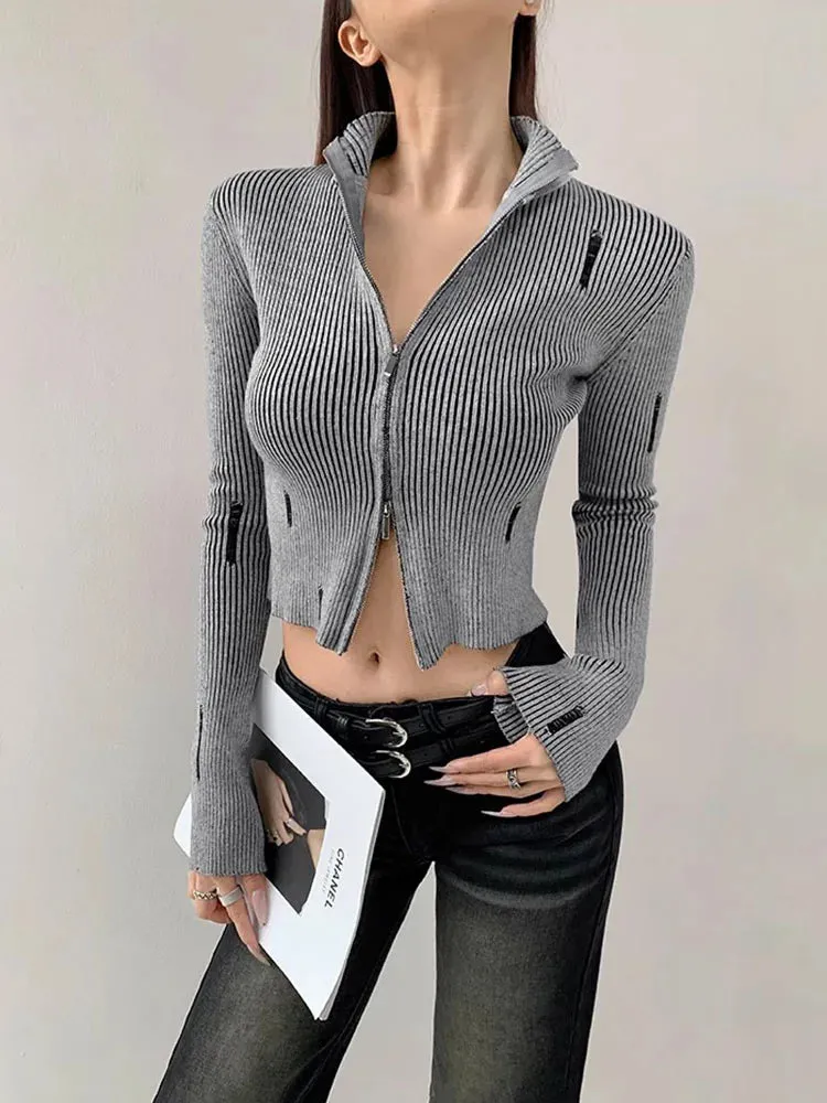 Vintage Zipper Cardigan Women Y2k Aesthetic Grunge Sweater Jackets Female Harajuku Slim Knitted Coats Femme C-246
