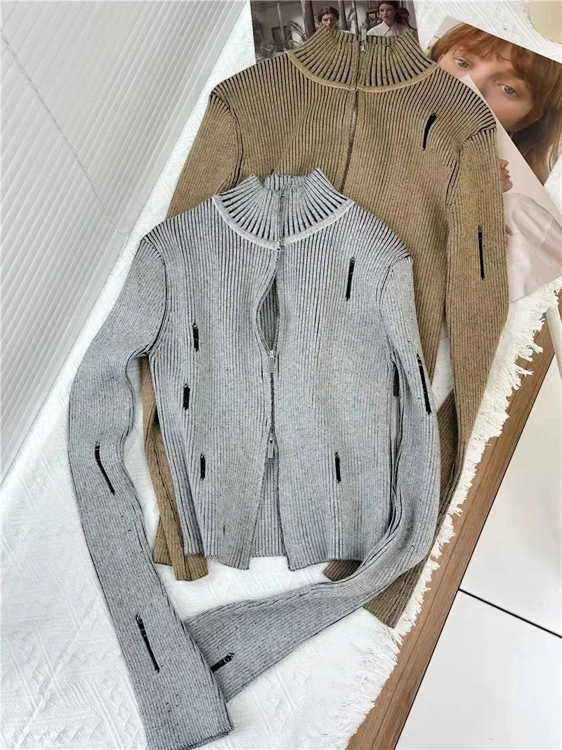 Vintage Zipper Cardigan Women Y2k Aesthetic Grunge Sweater Jackets Female Harajuku Slim Knitted Coats Femme C-246
