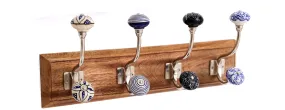 Wall Mounted Coat Hooks,Wood & 8 Ceramic Hooks,Blue/Black (HH5634-2)