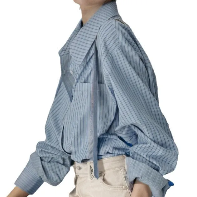 Wenkouban dress shirt Retro Blue Striped Shirt for Women Business
