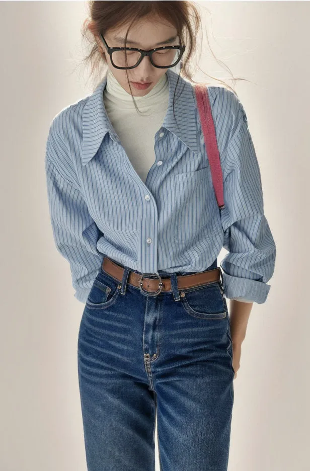 Wenkouban dress shirt Retro Blue Striped Shirt for Women Business