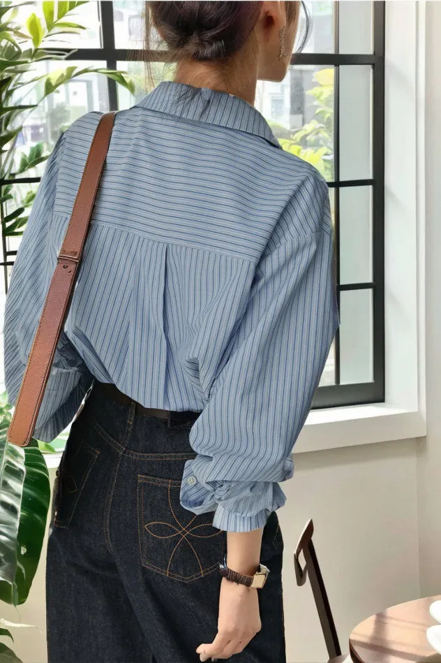 Wenkouban dress shirt Retro Blue Striped Shirt for Women Business