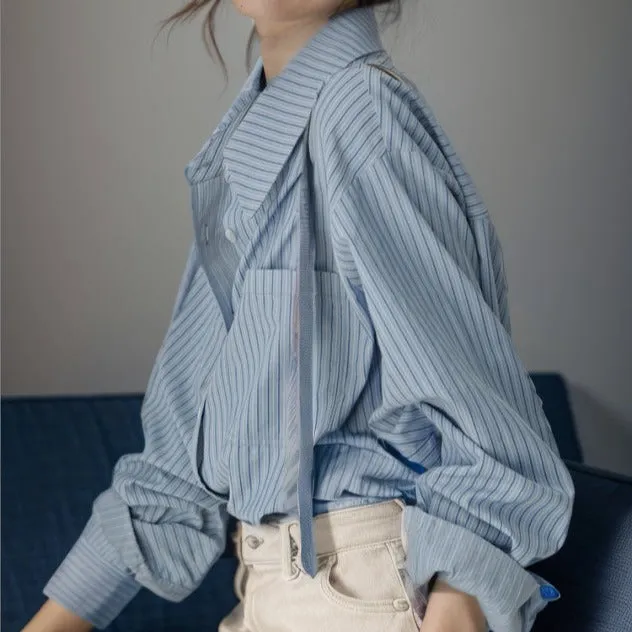 Wenkouban dress shirt Retro Blue Striped Shirt for Women Business