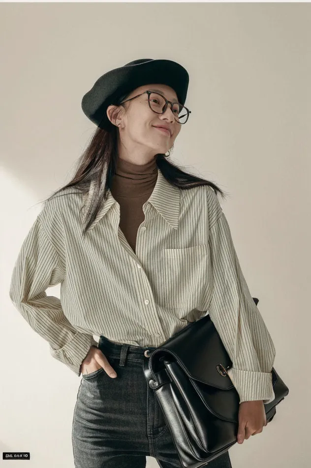 Wenkouban dress shirt Retro Blue Striped Shirt for Women Business