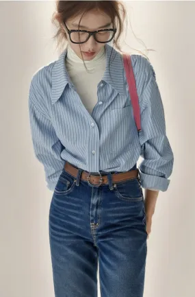 Wenkouban dress shirt Retro Blue Striped Shirt for Women Business