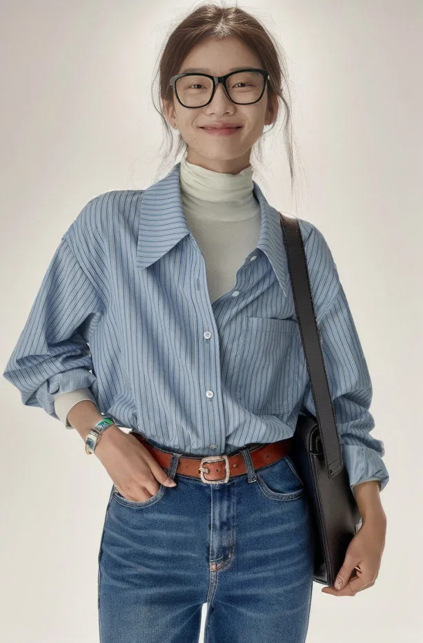 Wenkouban dress shirt Retro Blue Striped Shirt for Women Business